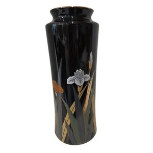 Otagiri Japan Vintage Black Ceramic Iris Floral Bud Vase Gold Rim 10.5 Inch